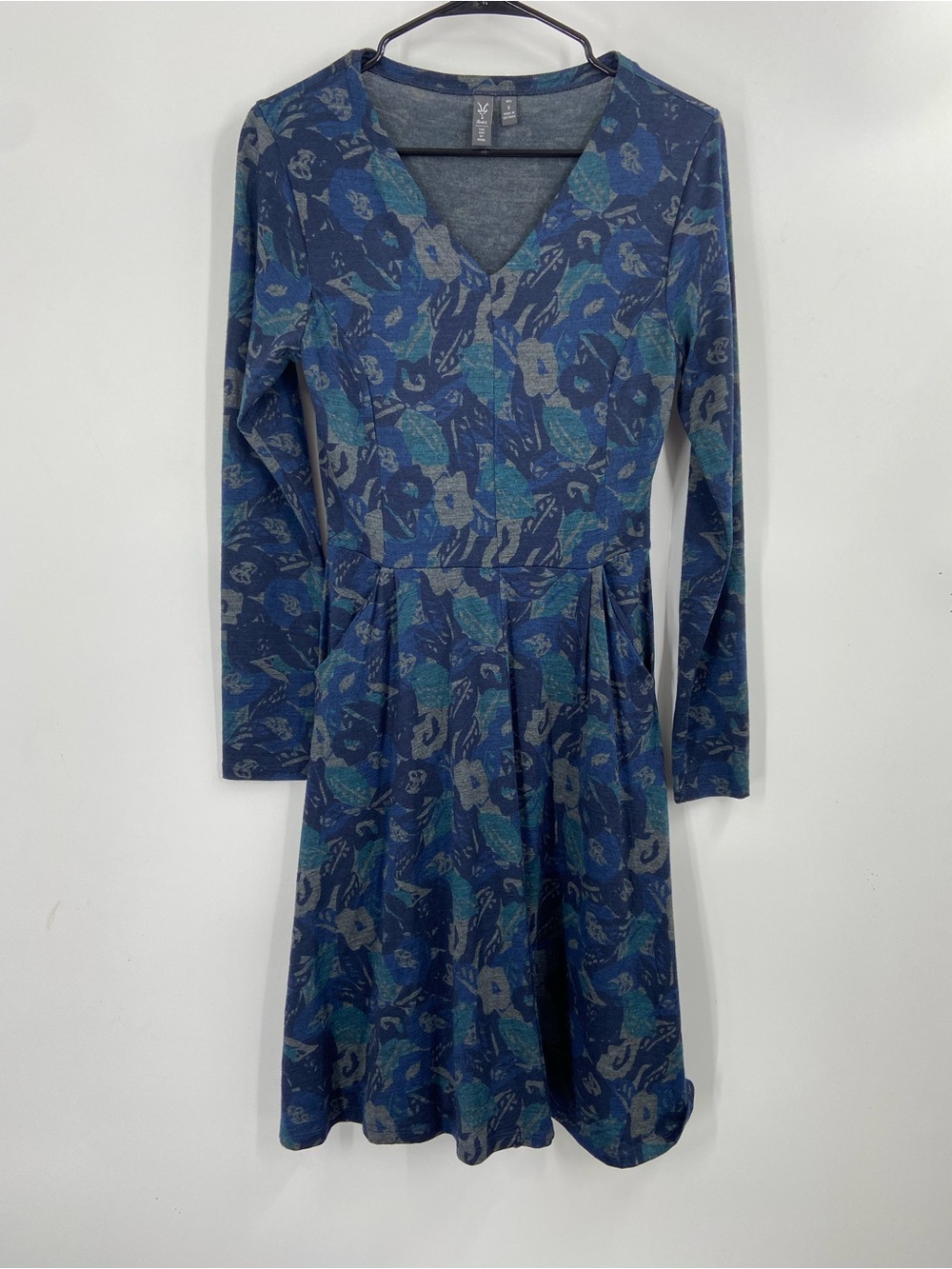 ibex Blue and Teal Floral V-Neck Long Sleeve Dress Small Merino Wool